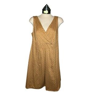 Lands End Midi Dress Size 14 Brown White Polka Dot Surplice Faux Wrap Sleeveless